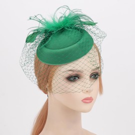 DRESHOW Fascinator Hats for Women Pillbox Hat with Veil Headband and a Forked Clip Tea Party Headpiece, Pillbox Hat 24-Green, Unit size