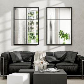 Dewfig Rectangle Wall Mirror, Window Mirror Wall Mounted, 24"x36"in Window Pane Mirrors, Large Black Mirrors for Hanging or Leaning Against Wall Bedroom Vanity Living Room Fireplace Entryway,Black