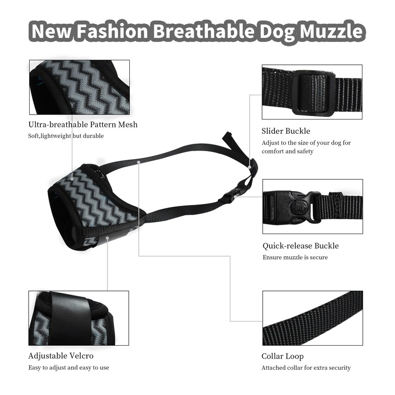 JOYPAWS Grey Dog Muzzle, Air Mesh Breathable Muzzle Wavy Stripe