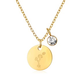 YeGieonr Birth Flower Pendant Necklace for Women, Stainless Steel Round Pendant with Cubic Zirconia, Tarnish-Free & Hypoallergenic Gift for Her, 45+5 Centimeters, Stainless Steel Cubic Zirconia, Cubic