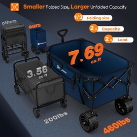 Originsure 220L Collapsible Wagon Cart Foldable, 460lbs Load Capacity Heavy Duty Folding Beach Wagons with Big All-Terrain Wheels, Utility Carts for Groceries, Shopping, Camping, Sports - Blue