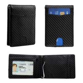 OIHCAZ RFID Card Holder, Mens Wallets Slim Holds up to 7 Credit Card Holder Carbon Fiber Leather Minimalist RFID Wallet for Men with Money Clip & ID Window, Gifts for Men(Black)