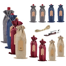 Penubuy Hessian Wine Bags, Pack of 12 Wine Gift Bags with Gift Tag/Drawstring (Four Colours, 13.8 x 5.9 Inches)