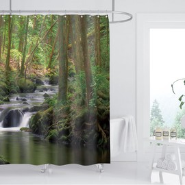 ZXMBF Nature Shower Curtain Flowing Stream Forest Waterfall Natural Landscape Green Trees Jungle Mossy Rocks Themed Scenery Waterproof Fabric Bathroom Decor 72x72 Inch Plastic Hooks 12PCS