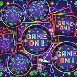 Video Game Birthday Decorations - Gamer Birthday Decorations for Boys Including Plates, Cups, Napkins, Tablecloths, Banner, Balloons - Serve 20