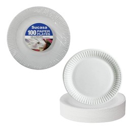 Sucasa 100 White Paper Plates 9 inch/23cm Quality Durable Plates Ideal for Hot and Cold Food Disposable Dishes Kids Parties Wedding Baby Shower Catering