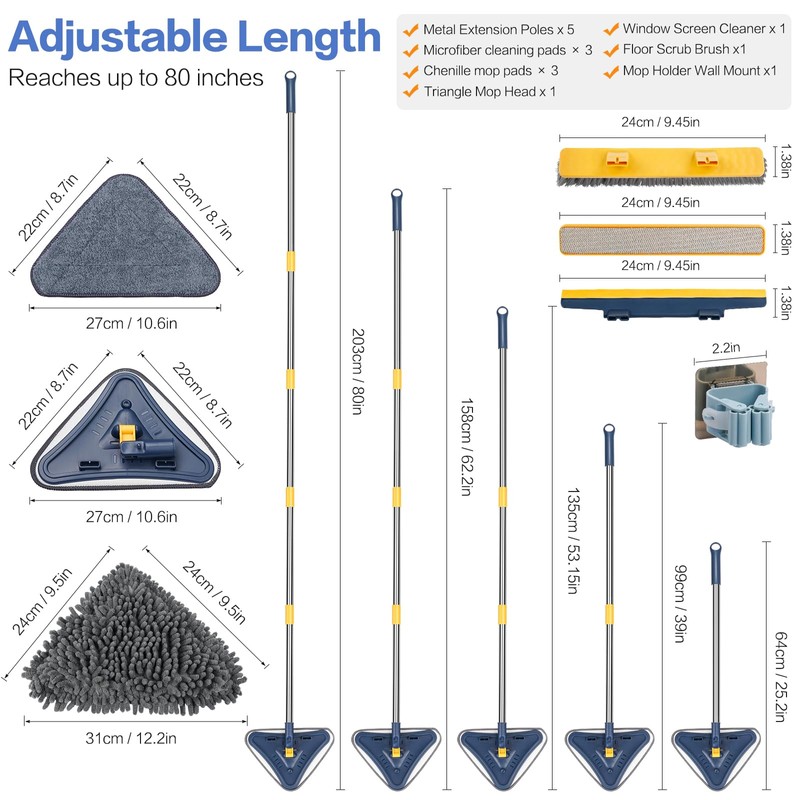 80" Wall Cleaner Mop with Long Handle, Sunoyar 360° Triangle