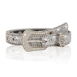 JK Home 103cm Sparkly Rhinestone Western Cowgirl Goth Rock PU Belt, Bling Diamond Cowboy Leather Punk Belt for Women Men, Shiny Sequin Waistband Strap for Jeans Pants Dresses 2.5cm Silver