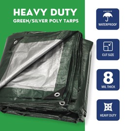 8'x10' [Cut Size] Heavy Duty 12 by 12 Cross Weave 8 Mil Green/Silver Poly Tarp with Grommets Approx Every 18 Inches All Around, Corner Solid Plastic Bar Reinforcement for Extra Strength
