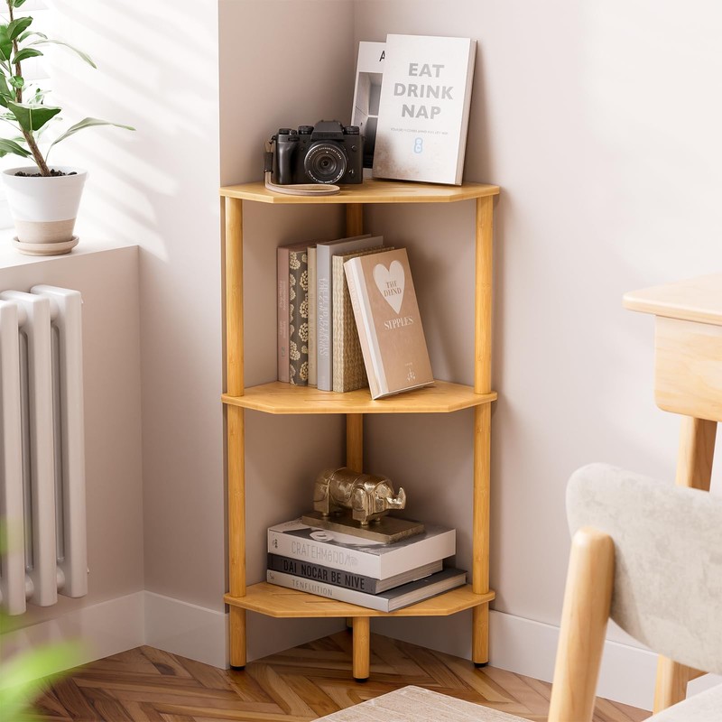 Atoping 3 Tier Bamboo Corner Shelf, Storage Stand with Adjustable
