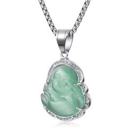 WESTMIAJW Lucky Laughing Mint Green Buddha Pendant Chain Necklace Silver Amulet Jewelry for Men Women 60cm