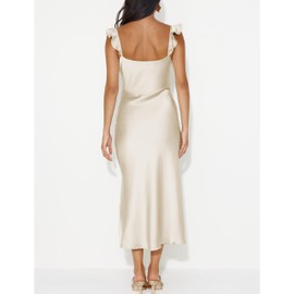 Summer Satin Lace Spaghetti Strap Midi Dress for Wedding Guest Silk Sleeveless V Neck Slit Ruffled Maxi Dress for Women Champagne