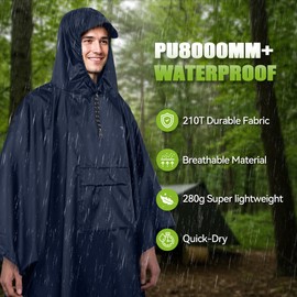 TechRise Rain Ponchos for Adults with Pocket, Waterproof Rain Poncho for Men Women, Reusable Lightweight Hooded Ponchos, 3-in-1 Multifunctional Unisex Raincoat for Hiking Camping Emergency, Blue