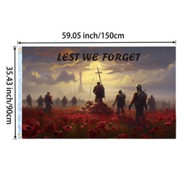 Lest We Forget Flag 5ft x 3ft Remembrance Day Flag Remembrance Sunday Poppy Flag Banner Polyester Double Stitched with Brass Grommets for War Heroes Soldiers Armed Forces Remembrance Day Decorations