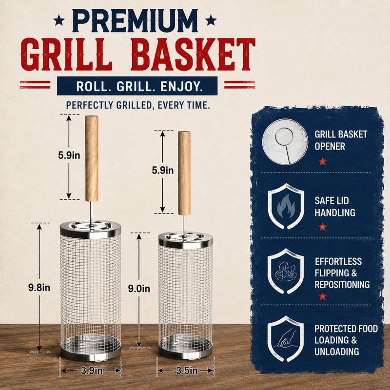 Rolling Grill Basket 2-Pack 304 Stainless Steel Grill Basket with