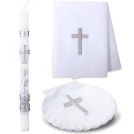 Lyrow 3 Pcs Baptism Candle Set for Boys and Girls Baptism Kit Include Baptismal Candle, Towel, Shell for Kids Christenings Favor(Chalice Dove Candles,Silver)