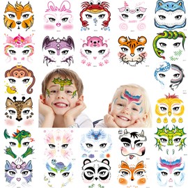 Qpout 24 Sheets Temporary Tattoos for Kids,Cute Animal Face Paint Makeup Tattoo Stickers for Boys Girls Birthday Decorations Animals Party Bags Fillers Favor Supplies,Assorted Designs
