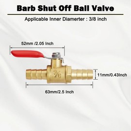 Litorange 2 PCS Lead-Free Brass Water Mini Ball Valve Shut Off Switch, 3/8" Hose ID x 3/8 INCH Hose Barb Pipe Tubing Fitting Coupler, 180 Degree Operation Handle with 4 Hose Clamps