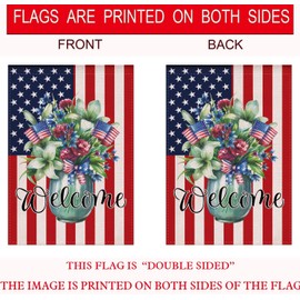 Spring Home Decorative Welcome America Patriotic Rustic Garden Flags Double Sided, Floral Burlap Welcome Seasonal Holiday Gift Rustic Farmland House Yard Lawn Outdoor Décor 12.5 x 18 Inch