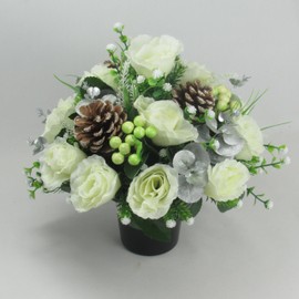 Christmas grave flower arrangement 25-26cm (10-10.5 inches) in grave pot/vase with roses, pinecones and silver eucalyptus