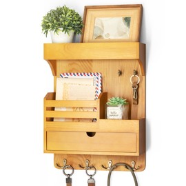 Modern Farmhouse Key Holder Wall Mount with Drawer Organizer – Pine Wooden Mail and Key Organizer with 6 Durable Hooks & Floating Wall Shelf – Ideal for Brightening Up Your Home Decor (Light Brown)