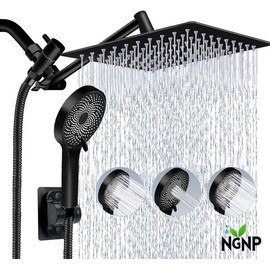 NGNP Shower Head,8/10 Inch High Pressure Rain Shower Head with Handheld Spray Combo, Adjustable Dual Rainfall Shower Head - Showerhead Comb Set with Extension Arm - 60 Inch Long Shower Hose - Color: Matte black, size: 10 inches