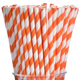ALINK 100 Orange and White Striped Paper Straws, Biodegradable Disposable Drinking Straws for Bridal Shower, Brithday, New Year, Party Decoration Supplies