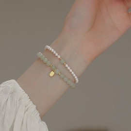 Mnyixsi Jade Pearl Bracelet, Gemstone Charm Elastic Beaded Bracelet, Elastic Bracelet, Healing Stone Bracelet Wealth Bracelet Hetian Nephrite Jade Bracelet Prosperity Money Luck Protection Ji
