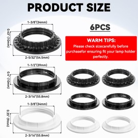 JJUNW 6 Pack Light Socket Shade Ring Medium-Base Sockets Retaining Rings for Light Fixtures Hanging Lamp Holder Parts(2Pcs Black 1-3/8 Inch; 2Pcs Black 1-1/2 Inch; 2Pcs White 1-1/2 Inch)