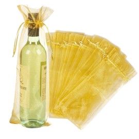 Wuligirl 20pcs Organza Bags - Wine Bottle Bags with Gold Drawstring - Reusable for Baby Shower, Wedding, Party - Charcoal Pouches - 5.5 x 14.5 Inch