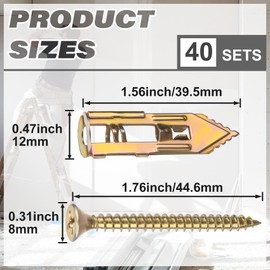 Mxxipp 40pcs Self-Drilling Drywall Anchors with 1.76in Screw, Heavy Duty Zinc Plated Steel Wall Anchor, No Drill Dry Wall Expansion Screw for Shelf Straps Cabinets