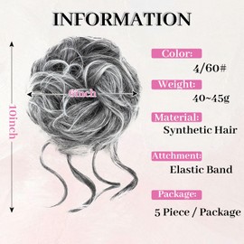 Fulang Hair Pack of 5 Hairpieces with Elastic Band, Large Bun Hairpiece, Wavy Natural Synthetic Hair Scrunchie, Women's with Hair Updo Hair Extensions, Messy Bun Hairpieces (5 Pieces/Pack) (4/60)