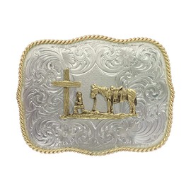 Montana Silversmiths Christian Faith Series Classic Western Buckle, Made In USA (Scallop Shaped - Christian Cowboy)