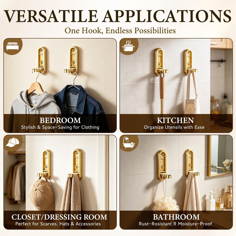 Folding Wall Hooks, 2 Pack Gold Heavy Duty Coat Hooks,