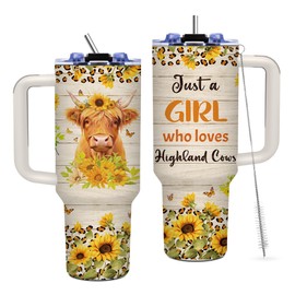 TNASURHUS Just A Girl Who Loves Highland Cow Tumbler, Highland Cow Gift for Cow Lover, 40 oz Tumbler with Handle, Birthday Gifts for Women, Friends, Daughter