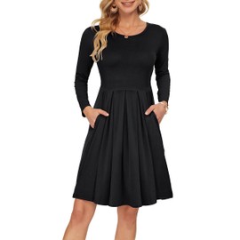AUSELILY Women Long Sleeve Dresses Round Neck Casual Spring Swing Dress with Pockets (2XL, New Black)