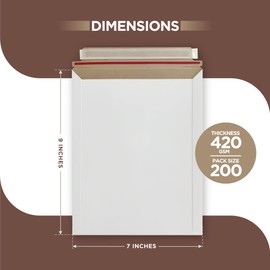 200 Pack 7x9 Rigid Mailers – Self-Seal White Cardboard Envelopes – Heavy-Duty Mailing Supplies for Documents, Photos, Magazines, and Literature