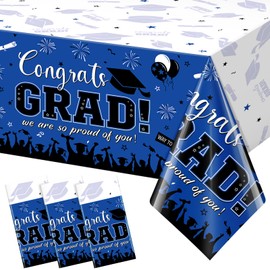 3 Pack Graduation Tablecloth Party Decorations, Class of 2026 Congrats Grad Plastic Tablecover Party Supplies, Blue Rectangle Graduation Table Decorations for College High School Party, 54 x 108 Inch