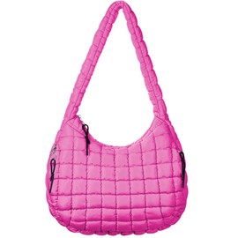 AUACDIY Puffer Tote Bag Large Quilted Crossbody Bags for Women Lightweight Padding Cotton Puffy Purse Carryall Bag Rose Red