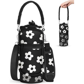Toykee Under 32 oz Water Bottle Holder Bag with Strap - Crossbody & Woven Handle Sling for Carrier Walking with Phone Pocket Black White Flower