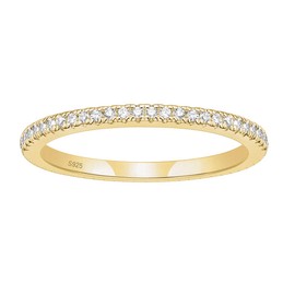 EAMTI 2mm 925 Sterling Silver Wedding Band Yellow Gold Round Cubic Zirconia Full Eternity Stackable Engagement Ring for Women Size 4