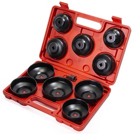 XtremepowerUS 10-Pieces Universal Oil Change Filter Cap Wrench Cup Socket 3/8" inch Square Drive Oil Canister Socket with Case, Red/Black