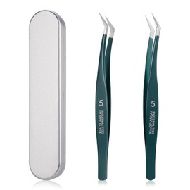 FYB Stainless Steel Tweezers for False Eyelashes, Tweezers for False Eyelashes with Curved Head, for False Eyelash Holding or Eyebrow Plucking, 2 Pcs (Dark Green-2 Pcs)