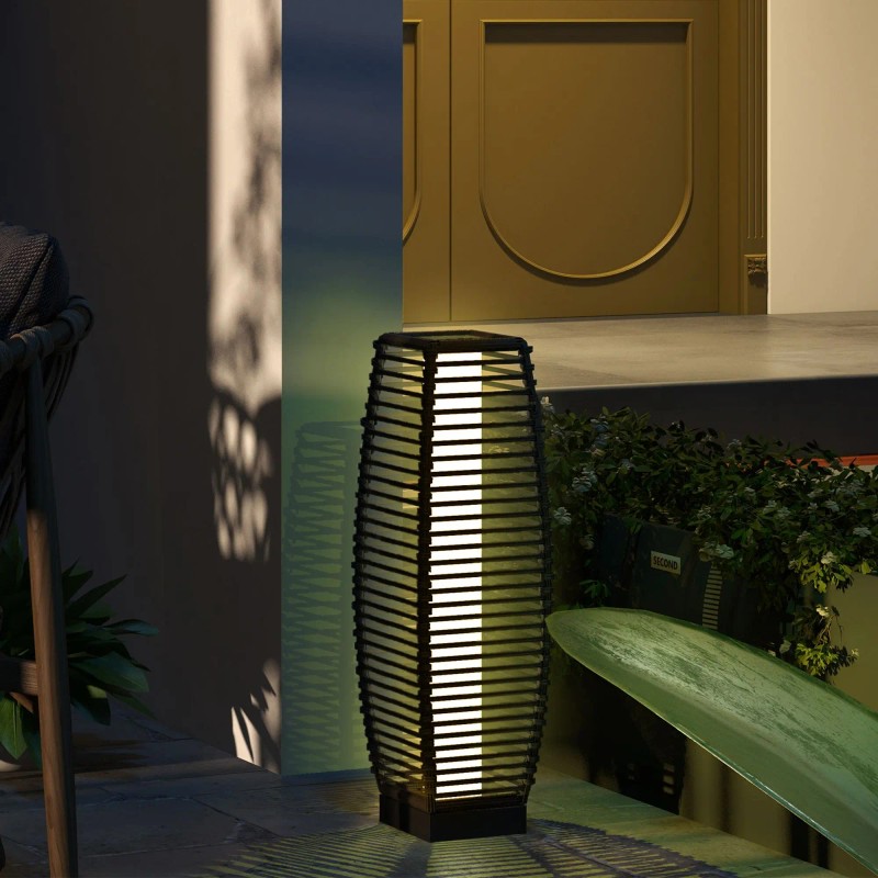 Solar-Powered Rattan Floor Lamp Warm White LED Outdoor Garden Auto