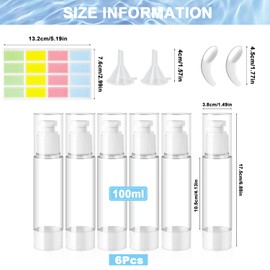 ZDNT Pack of 6 100 ml Airless Pump Dispenser, Cream Dispenser, Pump Bottle, Empty, Refillable Vacuum Cosmetic Container, Vacuum Travel Bottles for Filling with Sticker, Spatula for Travel Lotions