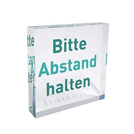Transparent acrylic block as information stand, note stand with print "Bitte Abstand halten" in the colour turquoise, information stand made of original Plexiglas