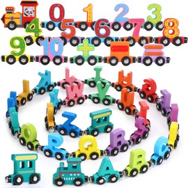VercanMonth 41 Pcs Kids Wooden Magnetic Train Toys Sets Including 27 Pcs Alphabet Trains and 14 Pcs Number Trains Magnetic Alphabet Train Sets Learning Toys for Kids Boys Girls Preschool Game Gift