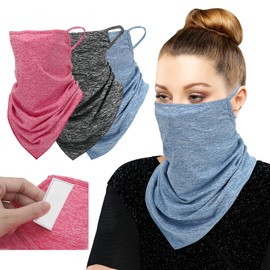MoKo Scarf Mask Bandana with Ear Loops 3 Pack, Neck Gaiter Balaclava with Filter Pocket UV Protection Mask for Dust Wind Motorcycle Cycle Bandana Headband for Women Men, Dark Gray/Magenta/Light Blue