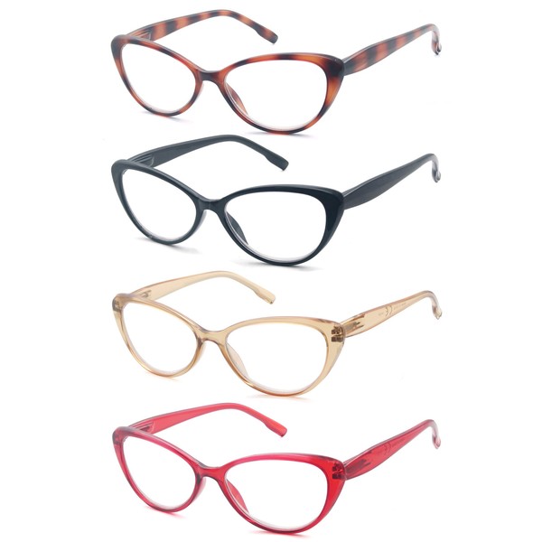 MODFANS Paquete de 4 lentes de lectura de ojo de gato para mujer con bisagra de resorte elegantes y cómodos lectores, 4 color, M