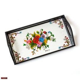 Decorative floral serving tray with handle for kitchen | Housewarming Gifts | Small serving platter | Peruvian Hand-painted glass (White)